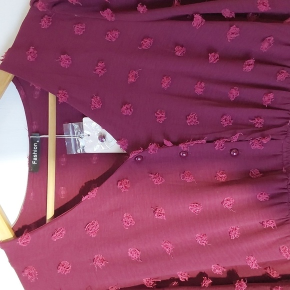 Boutique- Burgundy Longsleeve Tiered Maxi Dress Raised Poofs Modern Sz.Large - Picture 5 of 12